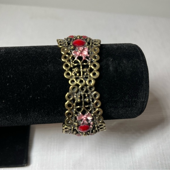 Vintage Large Pink and Red Floral and Jeweled Cuff Bracelet. Unique. Interesting - Picture 4 of 6